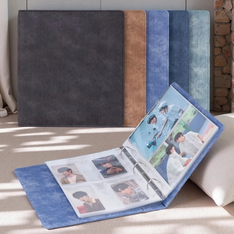 A5 Denim-Style D-Ring 3-Ring Binder – Expandable 80-100 Pages, PU Leather Photo/Card Organizer with Multi-Pocket PP Inserts