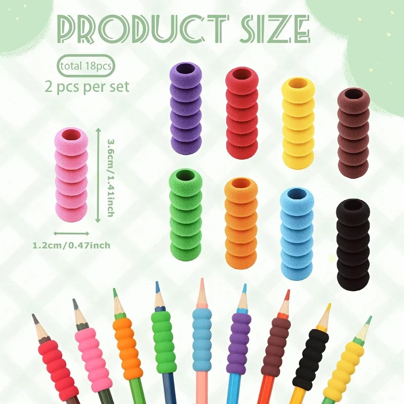 18Pcs Foam Pencil Grips 9 Mixed Colors 2pcs Each Soft Cushioned Writing Holder Ergonomic Comfort Pen Grips for Kids Adults Impro