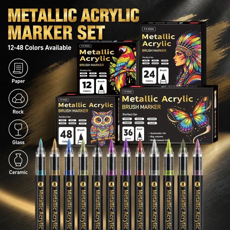 12/24/36/48 metallic acrylic markers have rich pigment, flexible brush tips, ideal for canvas, wood, glass & more art surfaces