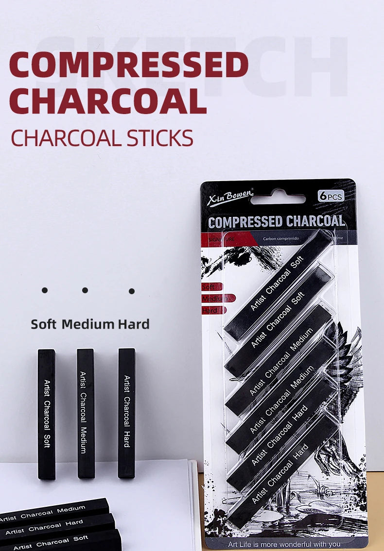 Graphite Sketch Wood Carbon Strip Set, Art Student Painting, Charcoal Pencil, Solid, Wholesale, 6Pcs