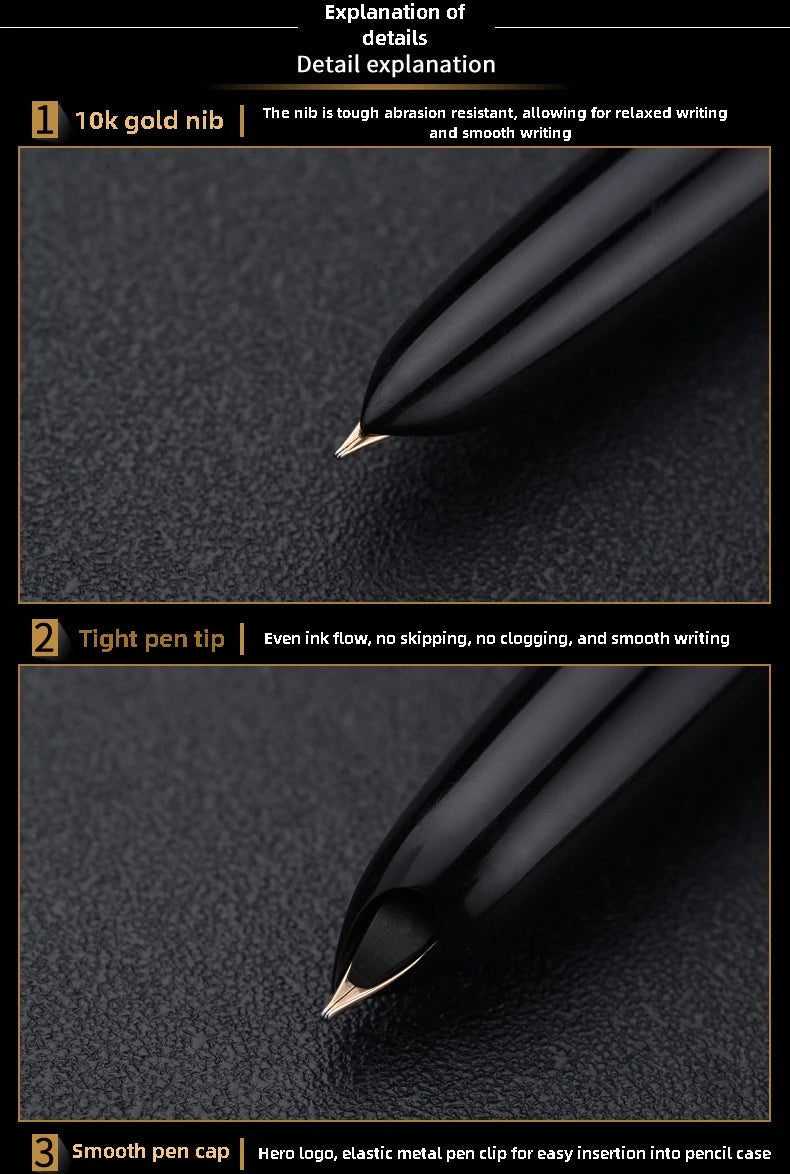 HERO Pen 1000 Retro 10K Gold Pen Classic Old Style Squeezing Ink Absorbing Adult Writing Practice Office Business Gift Ink Pen