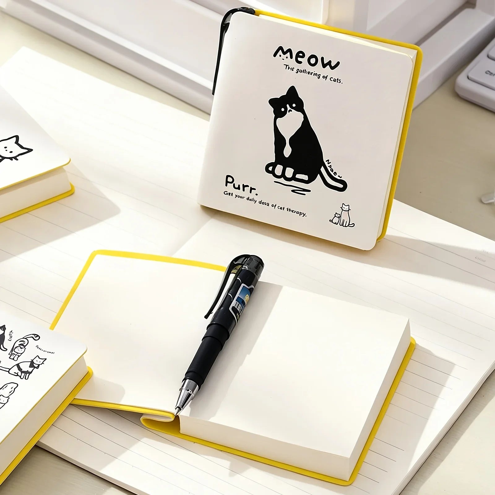 Cartoon Cat Notebook Paper Cover 224 Pages Notebook Print Pen Holder Travel Portable Office School Stationery Daily Memo Gift