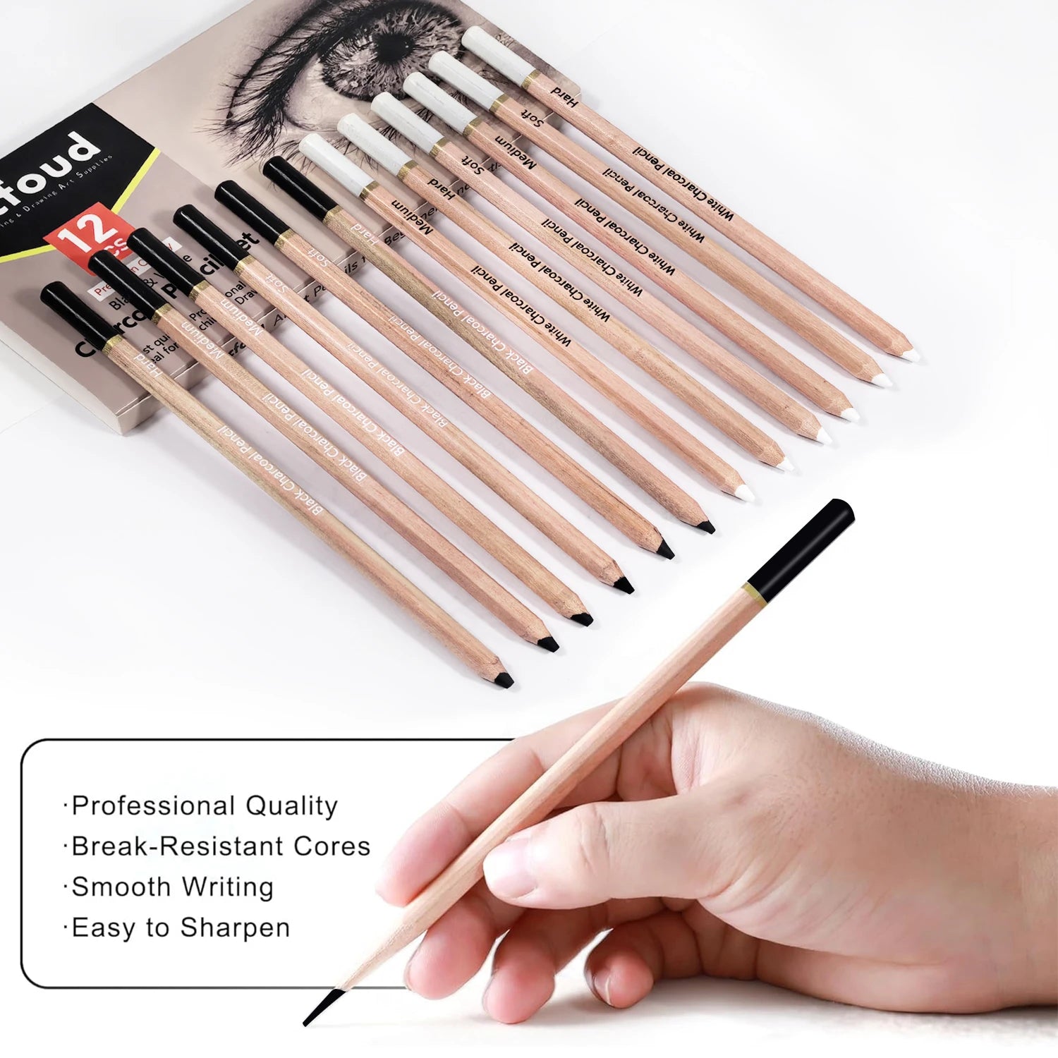 Pro Charcoal Pencils Drawing Set,6/10/12/20 PCS,Black/White Charcoal Pencils,S/M/H Charcoal Pencil for Drawing,Sketching,Shading