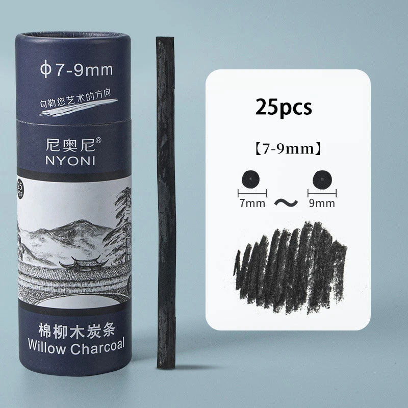 25Pcs Willow Charcoal Stick Design Sketch Black Fine Bar Carbon Stick φ4-5MM φ7-9MM For Extra Thick Painting Art Supplies