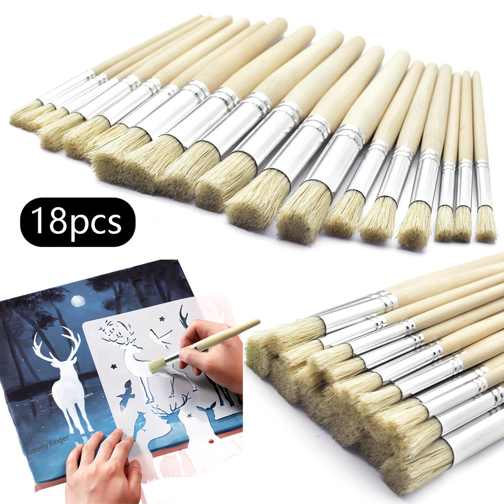 3/6/12/18pcs Stencil Paint Brushes Set Bristle Hair Wooden Handle Perfect for DIY Crafts Watercolor, Oil, and Acrylic Painting