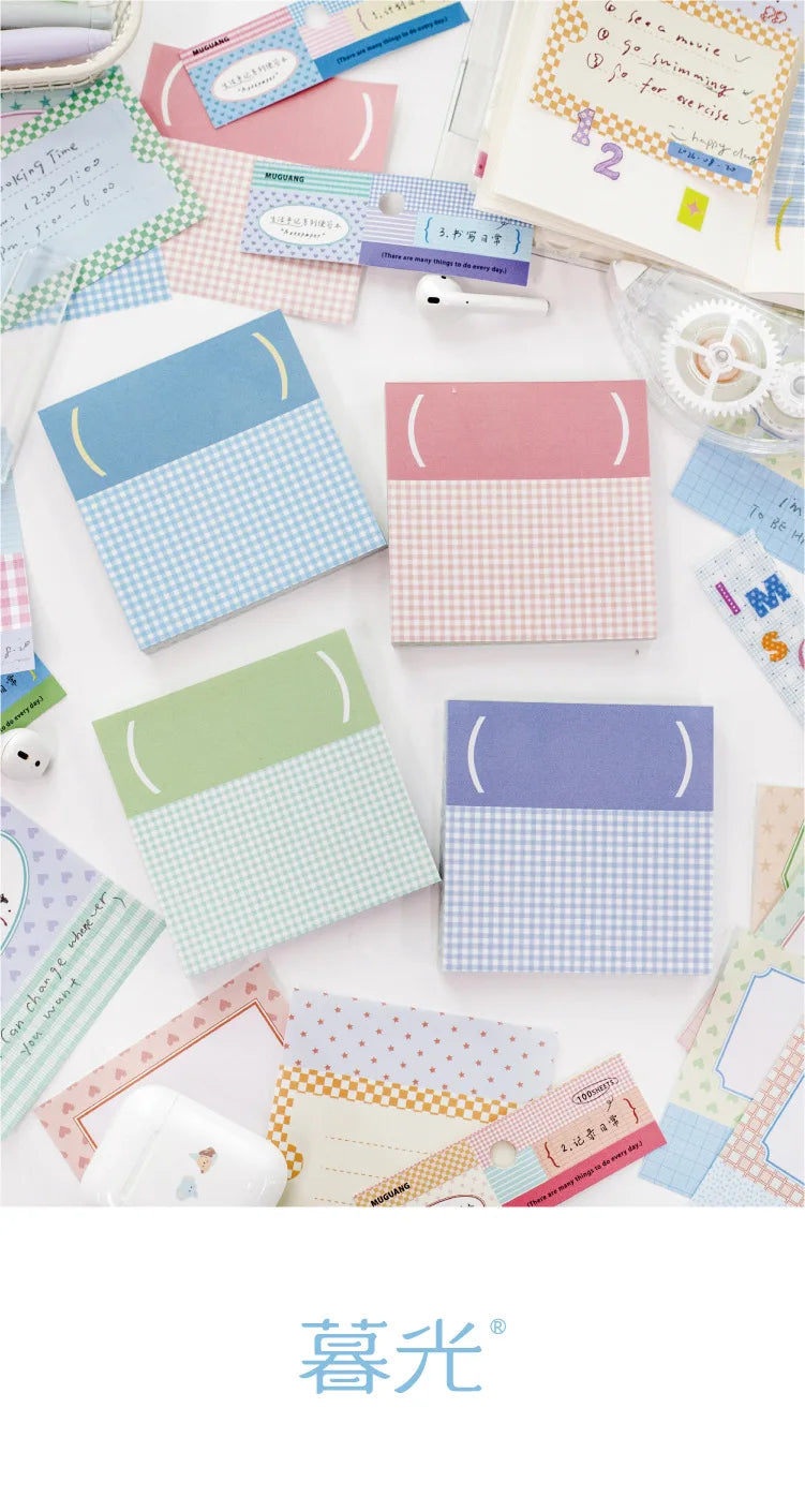 100 Sheets Grid White Kraft Paper Notepad, Pastel Plaid Memo Notes, Self‑adhesive Sticky Notes for Journal Planner School Office