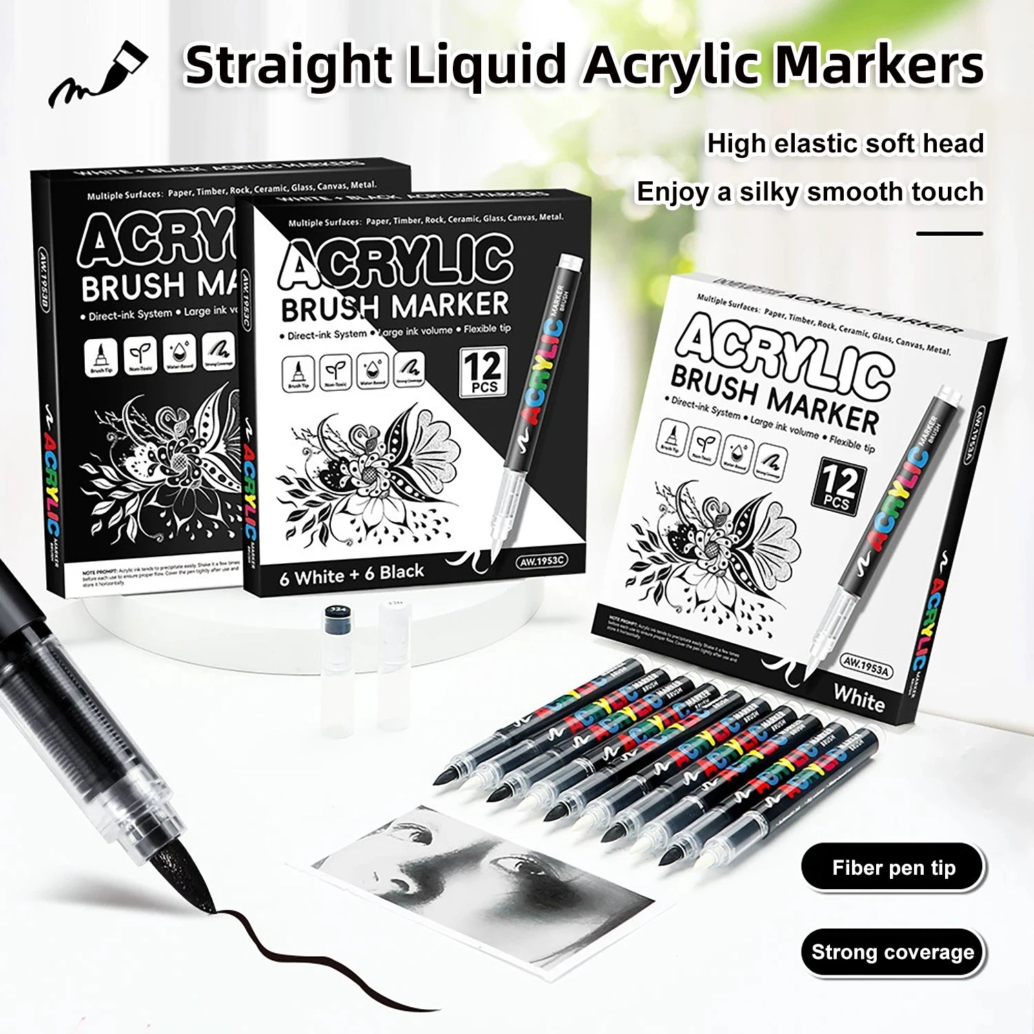 Acrylic Paint Markers Brush Tip, 12 pcs soft tip black & white acrylic marker with Direct-Liquid Ink Control System, Canvas, etc