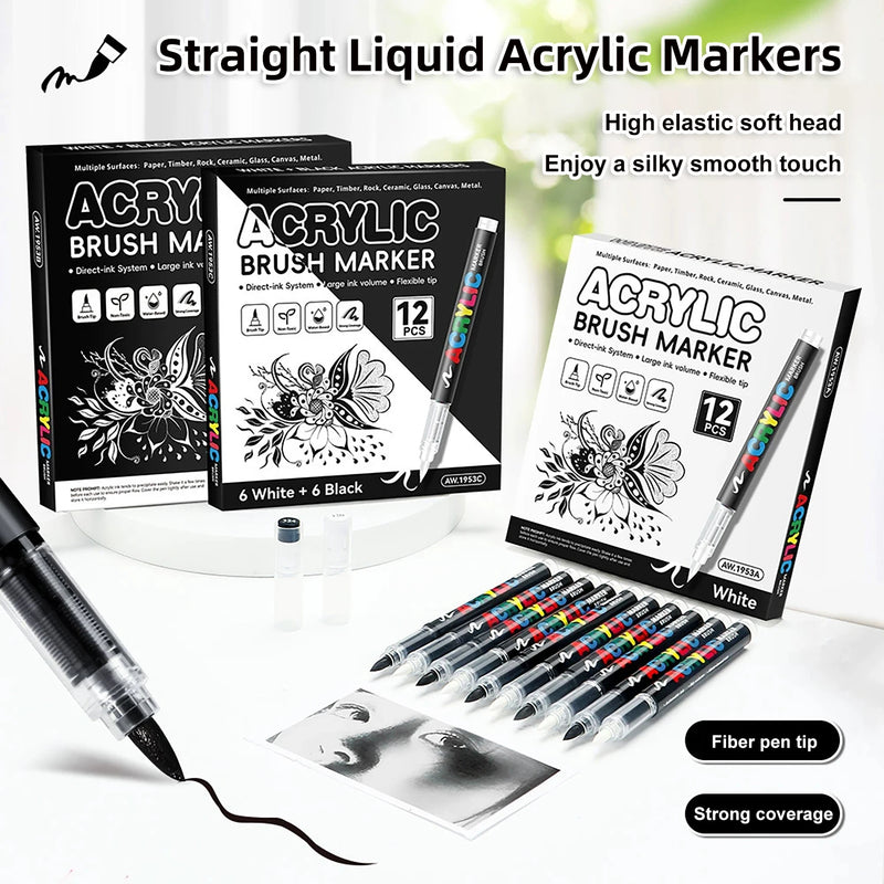 Acrylic Paint Markers Brush Tip, 12 pcs soft tip black & white acrylic marker with Direct-Liquid Ink Control System, Canvas, etc