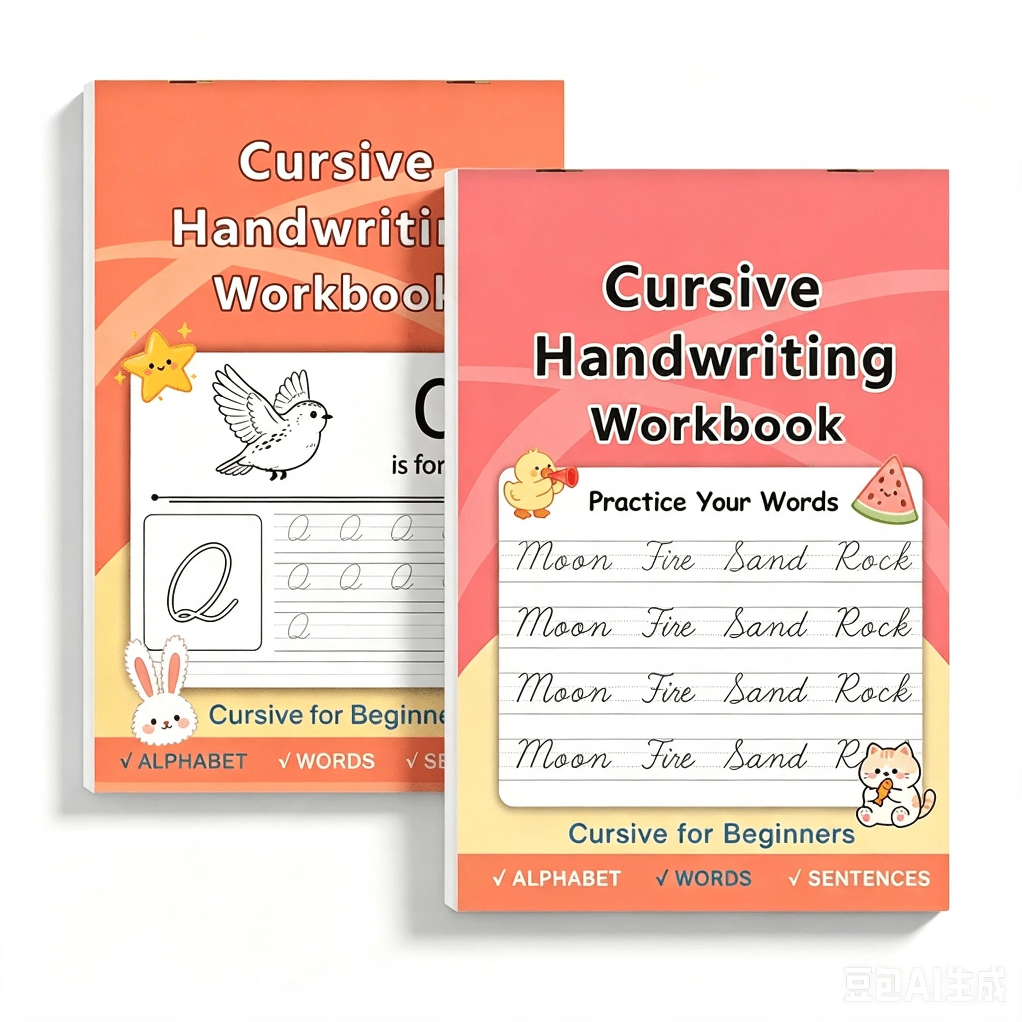 2 Books Cursive Calligraphy Handwriting Practice Copybook, The Content Includes Letters and Words, Sentence Practice Books