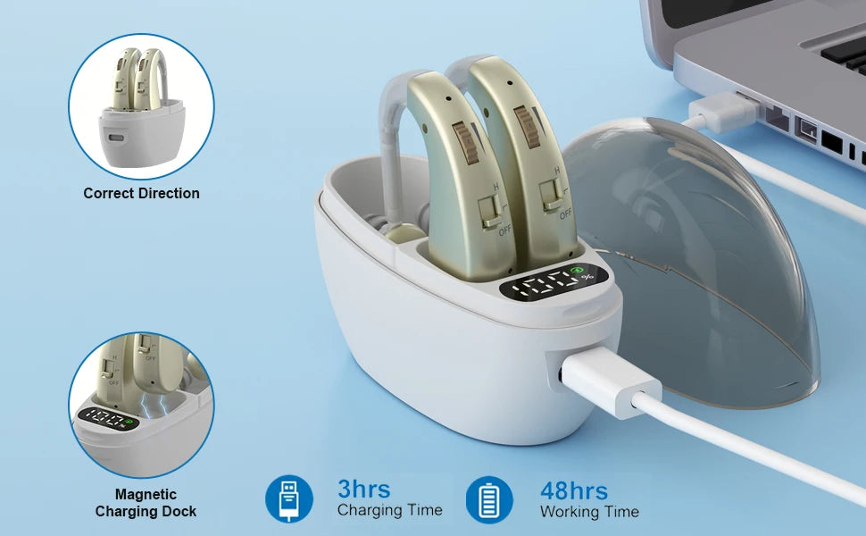 Auxiliary headphones, sound amplifier, noise reduction, adjustable volume, hanging ear with charging case