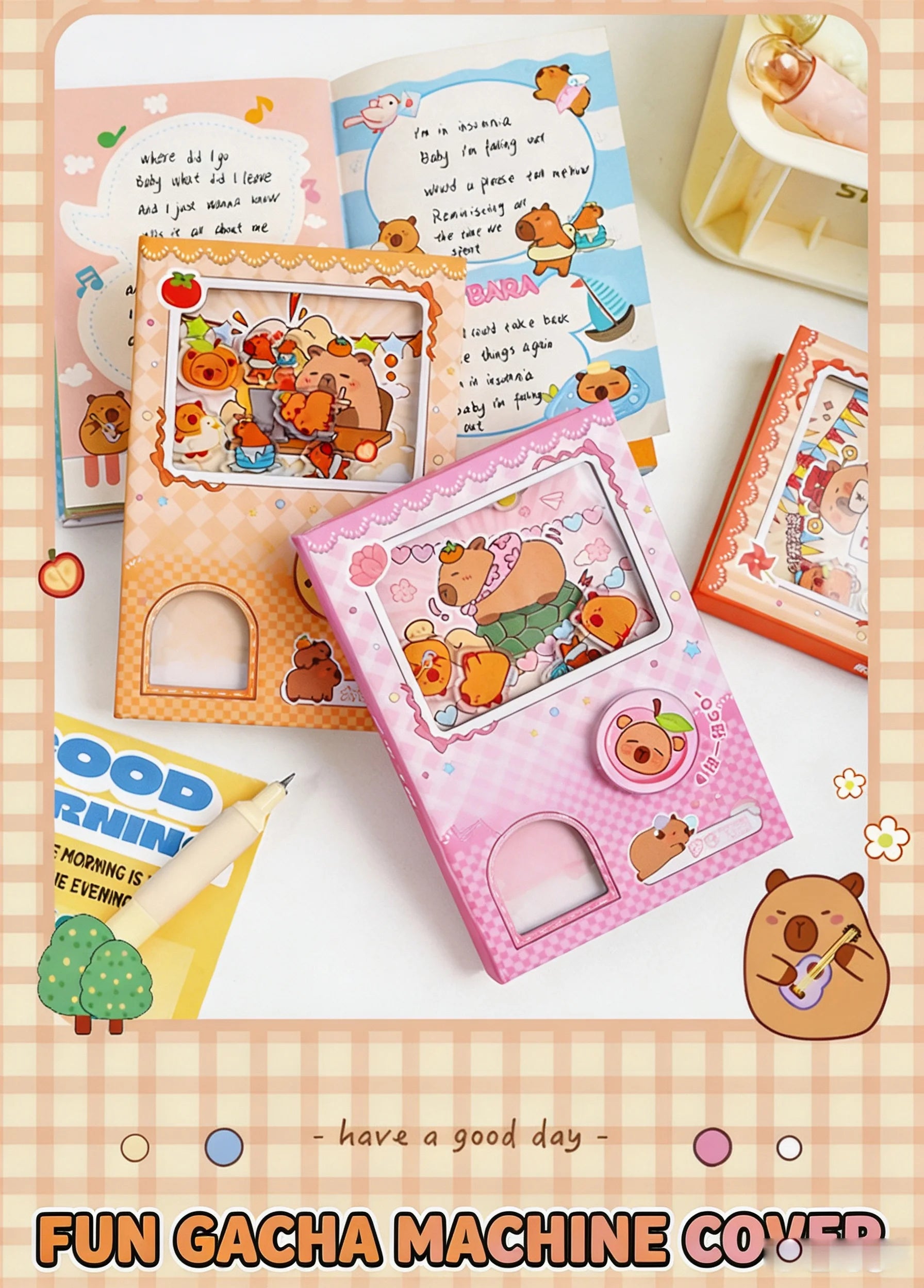 Cute Capybara School Notebook, Kawaii Cartoon Writing Journal with Interactive Gashapon Cover, Back to School Supplies for Kids