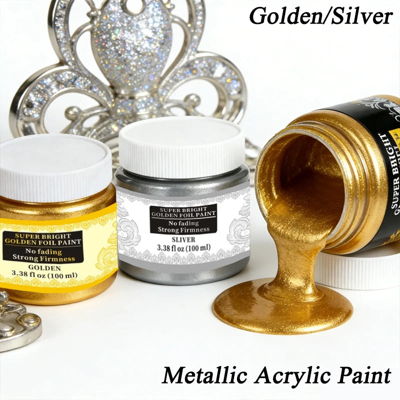 100ml Golden/Silver Metallic Acrylic Paint Non-Toxic Non-Fading For DIY Crafting Canvas Wood Fabric Ceramic Graffiti Pigments