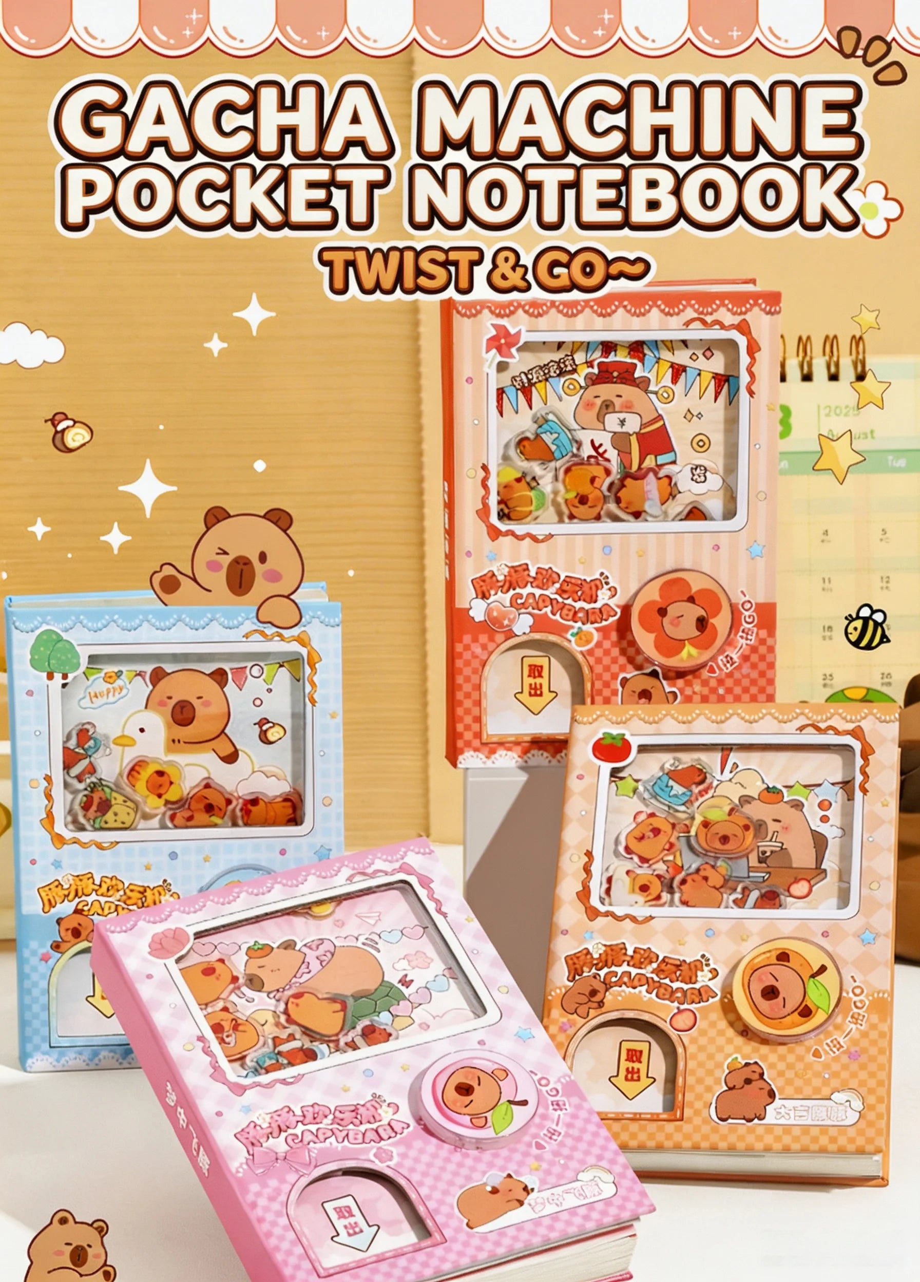 Cute Capybara School Notebook, Kawaii Cartoon Writing Journal with Interactive Gashapon Cover, Back to School Supplies for Kids