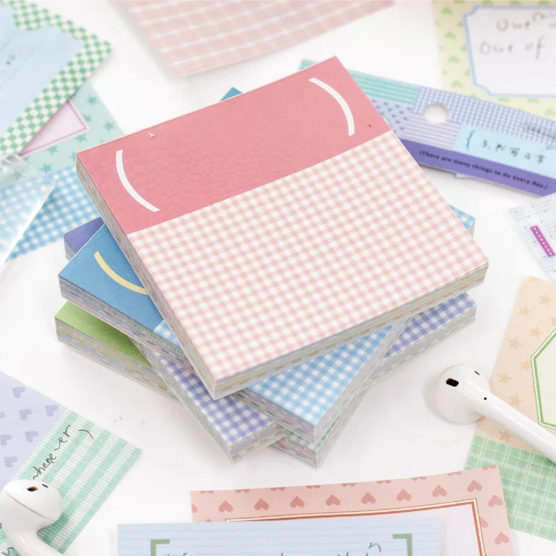 100 Sheets Grid White Kraft Paper Notepad, Pastel Plaid Memo Notes, Self‑adhesive Sticky Notes for Journal Planner School Office