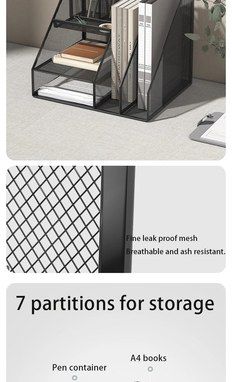 Desk Organizer with File Holder, Desk Organizers with 3 Tier Letter Trays and 2 Pen Holders, Mesh Desk Accessories & Workspace