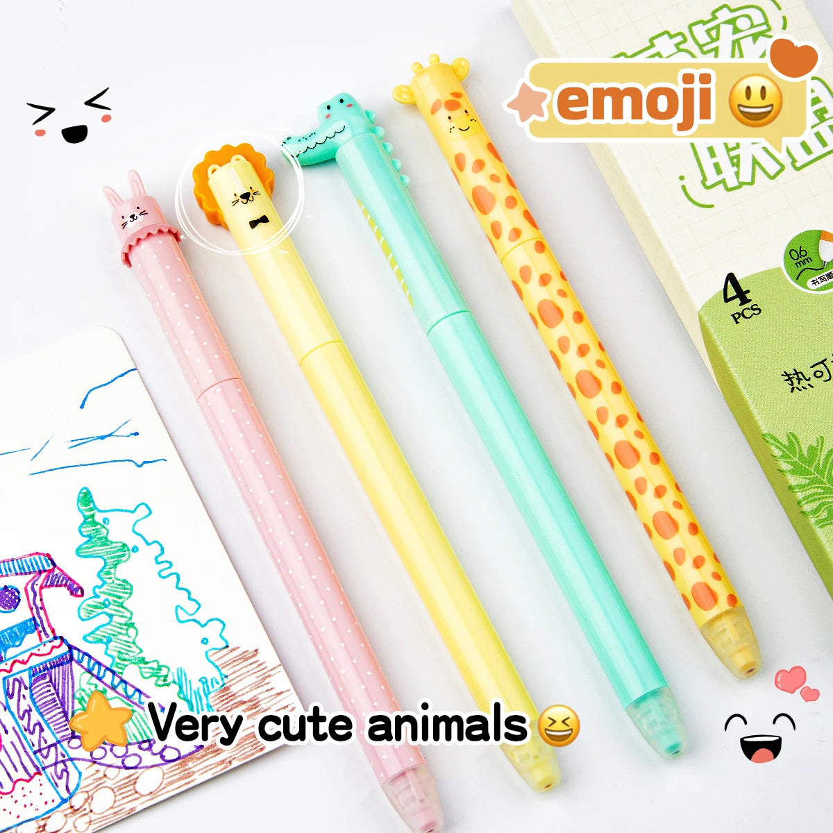 4pcs Zoo Animal Theme Blue Ink Erasable Gel Pens 0.5mm, Smooth Writing for School, Office, Journals, Back-to-School Supplies